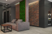 Дизайн гостиной в стиле LOFT, Декор - зелёный мох и кирпичная кладка.